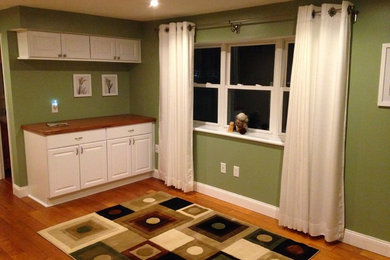 Foto de distribuidor contemporáneo de tamaño medio con paredes verdes, suelo de madera en tonos medios, puerta simple, puerta blanca y suelo marrón