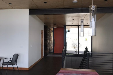 Example of a minimalist entryway design in Seattle with an orange front door