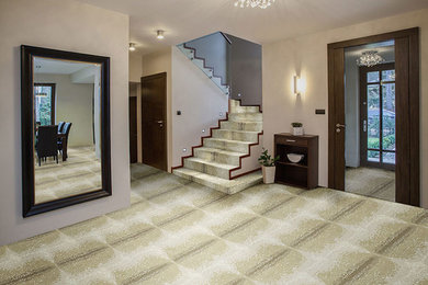 Example of a mid-sized trendy carpeted entryway design in Austin with beige walls and a glass front door