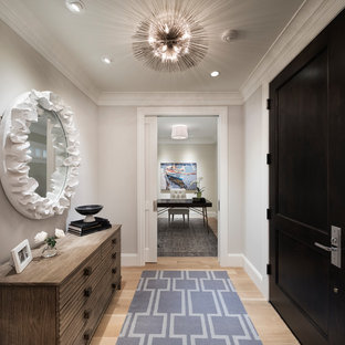 Example of a small transitional light wood floor and beige floor entryway design in Minneapolis with gray walls and a black front door