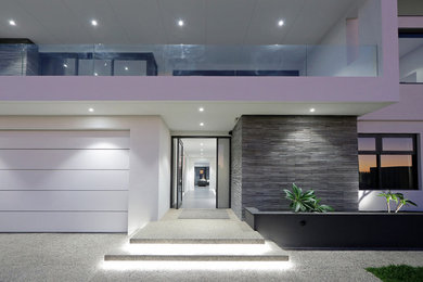 Inspiration for an expansive modern front door in Perth with white walls, ceramic flooring, a pivot front door, a glass front door and grey floors.