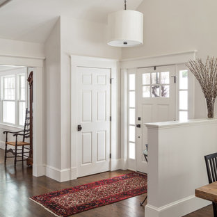Entryway - transitional dark wood floor and brown floor entryway idea in Boston with white walls and a white front door