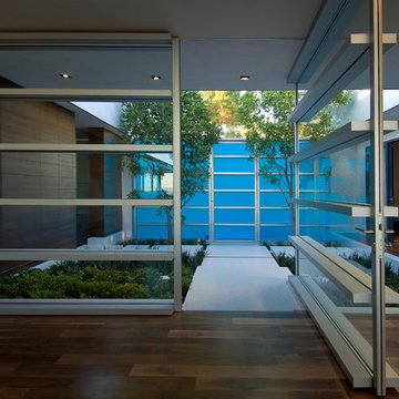 Hopen Place Hollywood Hills luxury home modern glass pivot door & entry courtyar