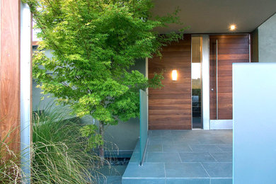 Entryway - modern entryway idea in San Francisco with a medium wood front door
