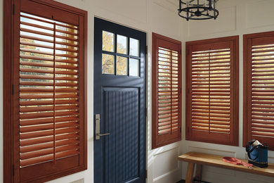 Diseño de distribuidor de estilo americano de tamaño medio con paredes blancas, suelo de madera oscura, puerta simple, puerta azul y suelo marrón