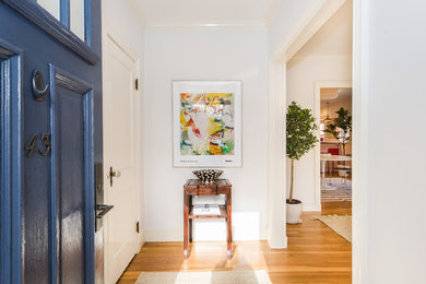 Inspiration for a mid-sized transitional medium tone wood floor and brown floor entryway remodel in Boston with white walls and a blue front door