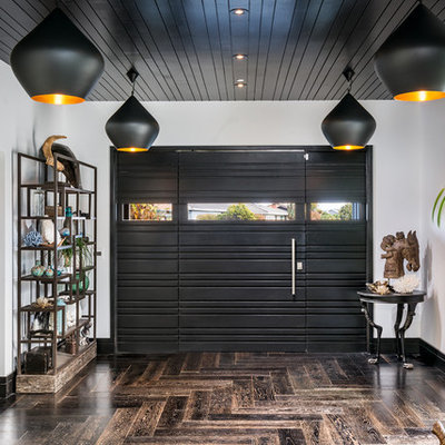 Example of a mid-sized trendy dark wood floor entryway design in San Francisco with white walls and a black front door
