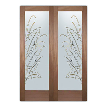 Interior Glass Doors - Obscure Frosted Glass BANANA LEAVES & REEDS PAIR