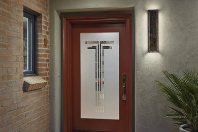 Modelo de puerta principal retro con suelo de ladrillo, puerta simple y puerta roja