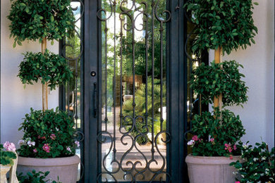 Diseño de entrada tradicional de tamaño medio con paredes beige, puerta simple y puerta metalizada