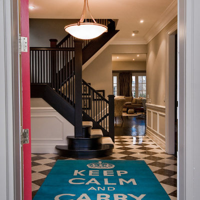 Inspiration for a large contemporary marble floor entryway remodel in Toronto with gray walls and a red front door