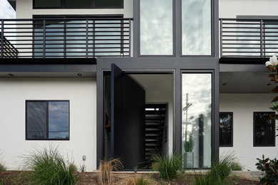 Imagen de puerta principal moderna extra grande con paredes blancas, puerta pivotante y puerta negra