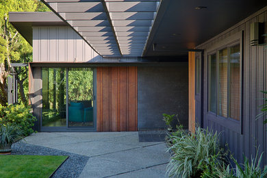 На фото: прихожая среднего размера в стиле модернизм с поворотной входной дверью, коричневыми стенами, полом из керамогранита, стеклянной входной дверью и серым полом