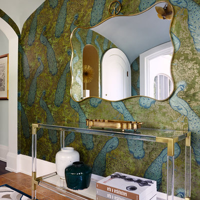 Inspiration for a large eclectic ceramic tile and brown floor foyer remodel in Minneapolis with multicolored walls