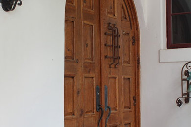 オースティンにある地中海スタイルのおしゃれな玄関 (淡色木目調のドア) の写真