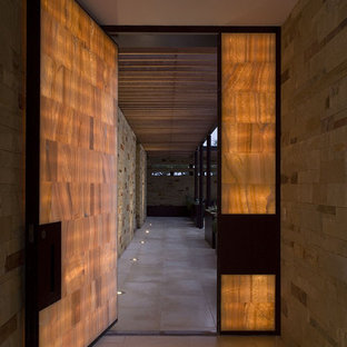 Imagen de puerta principal actual, grande, con paredes marrones, suelo de baldosas de porcelana, puerta simple y puerta metalizada