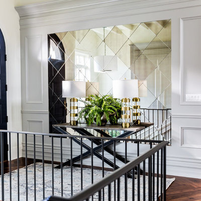 Inspiration for a mid-sized transitional medium tone wood floor entryway remodel in Salt Lake City with gray walls and a blue front door