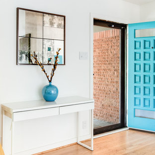 Minimalist light wood floor entryway photo in Denver with white walls and a blue front door