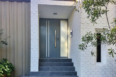 Diseño de entrada contemporánea de tamaño medio con puerta simple y puerta gris
