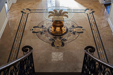 Inspiration for a large traditional foyer in Toronto with beige walls, porcelain flooring, a double front door, a white front door and beige floors.
