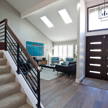 Modern house remodel: linear pattern door and railing