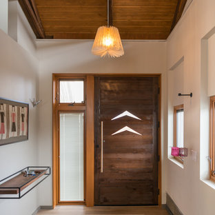 Entryway - contemporary light wood floor entryway idea in San Diego with white walls and a dark wood front door