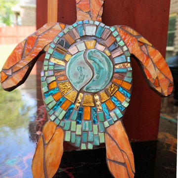 Mosaic Turtle Wall hanging logger head Sea art BLUE stained glass  mirrored cera