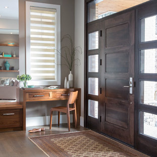Imagen de puerta principal clásica renovada, de tamaño medio, con paredes grises, suelo vinílico, puerta simple y puerta de madera oscura