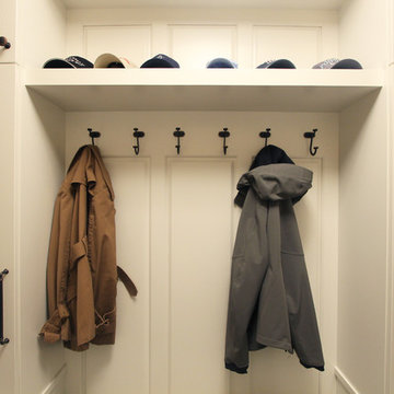Mudroom Built-Ins in White Cabinets with Wire Mesh Inserts
