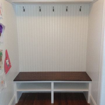 mudroom entry shelf, built in seat ,beadboard  wainscot walls