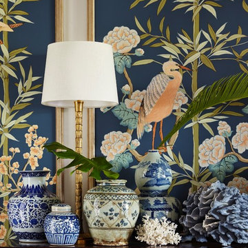 Naples Florida Vacation Home - entry foyer bird and bamboo painted wall panels