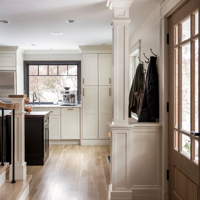 Example of a mid-sized transitional light wood floor entryway design in Boston with gray walls and a medium wood front door