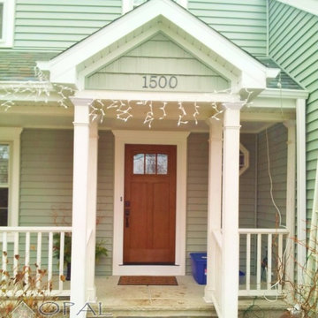New Front Door & Front Porch with White Picket Fence & Light Blue Siding