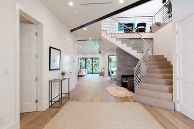 Inspiration for a huge modern medium tone wood floor entryway remodel in Los Angeles with white walls and a glass front door