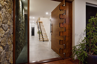 Ejemplo de entrada actual con paredes blancas, puerta simple, puerta de madera oscura y suelo gris
