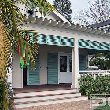 Orange County Handmade Architectural Porch Shutters in a Louvered Bahama Style!