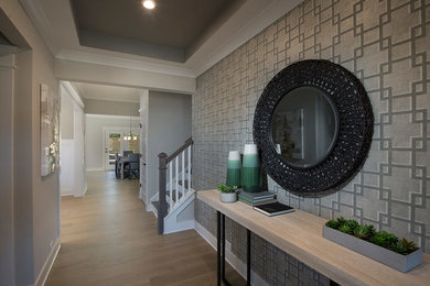 Large arts and crafts light wood floor entryway photo in Orlando with gray walls and a black front door
