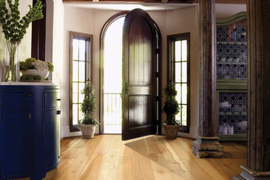 ボイシにある中くらいなコンテンポラリースタイルのおしゃれな玄関ドア (白い壁、淡色無垢フローリング、濃色木目調のドア) の写真