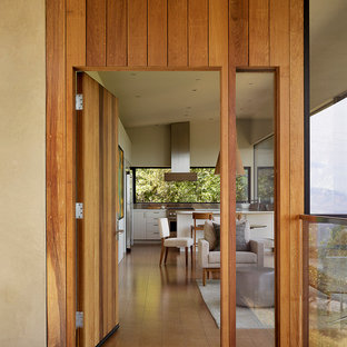 Esempio di una piccola porta d'ingresso moderna con pareti beige, pavimento in sughero, una porta singola e una porta in legno bruno