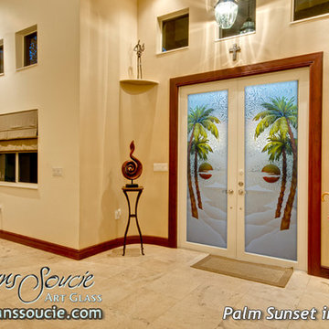 Palm Sunset 3D Painted Glass Front Doors - Exterior Glass Doors - Glass Entry Do