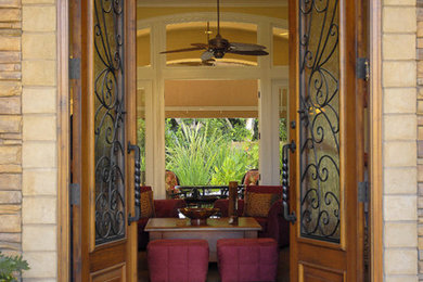 Идея дизайна: входная дверь среднего размера в стиле неоклассика (современная классика) с бежевыми стенами, полом из керамической плитки, двустворчатой входной дверью и входной дверью из дерева среднего тона