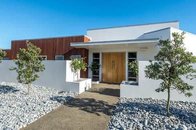 Foto de puerta principal moderna de tamaño medio con paredes blancas, suelo de cemento, puerta doble y puerta de madera en tonos medios