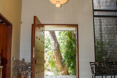 Foto de entrada minimalista con paredes blancas, suelo de travertino, puerta pivotante y puerta metalizada