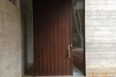 Пример оригинального дизайна: прихожая в классическом стиле с одностворчатой входной дверью и входной дверью из темного дерева