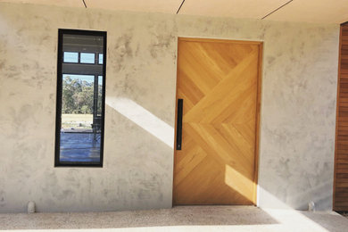 Modelo de entrada moderna con paredes grises, suelo de cemento, puerta simple, puerta de madera clara y suelo gris