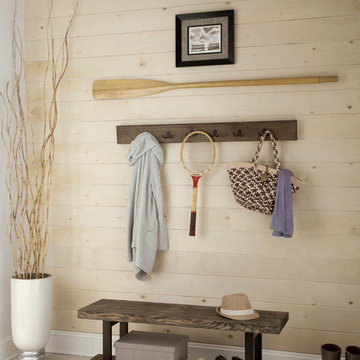Reclaimed Wood Coat Hook and Bench in a Beach Style Entryway