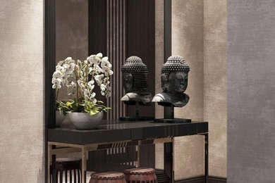 Ejemplo de distribuidor de estilo zen de tamaño medio con paredes grises, suelo de baldosas de porcelana y suelo gris