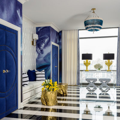 Mid-sized trendy marble floor and multicolored floor double front door photo in Little Rock with blue walls and a blue front door