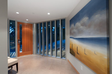 На фото: фойе среднего размера в современном стиле с одностворчатой входной дверью