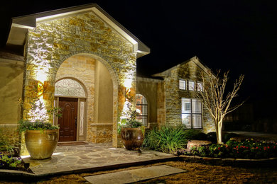 Design ideas for a large traditional front door in Houston with a single front door and a brown front door.